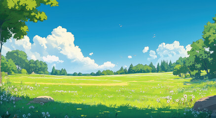 A cartoon-style background of blue sky and green grass, with white clouds in the upper left corner, creating an open field with clear skies. The entire scene is presented from a top-down perspective, 