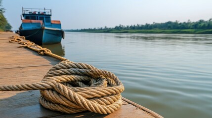Calm River Scene with Boat and Coiled Rope on Wooden Dock