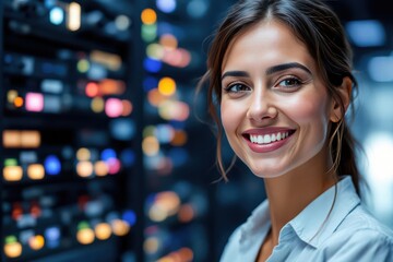Obraz premium Close portrait of a smiling 40s Brazilian female IT worker looking at the camera, against dark server room blurred background.