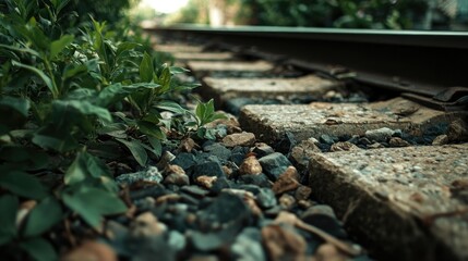 Close-Up View of Overgrown Train Tracks Surrounded by Greenery