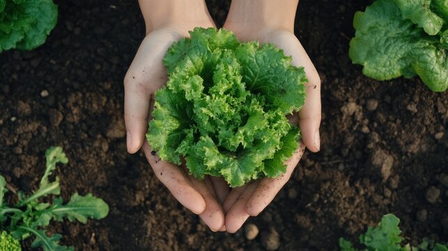 Photo of perspective from above big green lettuce in hands on loose soft earth in garden. agriculture background