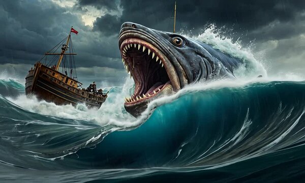 Illustration of the biblical story of Jonah and the whale, featuring a dramatic ocean setting and spiritual themes.