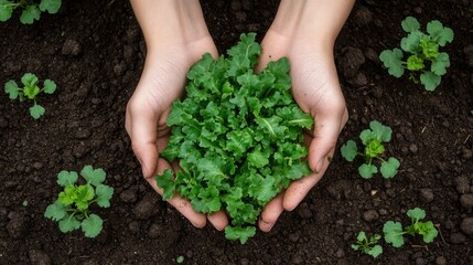 Photo of perspective from above big green lettuce in hands on loose soft earth in garden. agriculture background