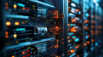 Naklejka premium Advanced server room with high tech security systems and glowing lights