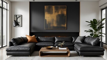 Black modular sofa against natural and black wooden paneling wall. Minimalist interior design of modern living room.