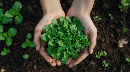 Photo of perspective from above big green lettuce in hands on loose soft earth in garden. agriculture background