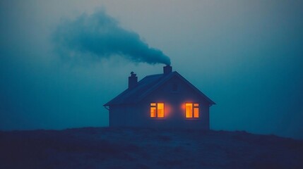Foggy house on a hill with warm light and smoke.