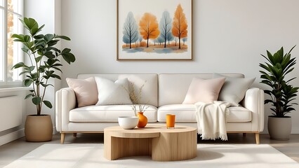 Cozy loveseat sofa near round accent coffee table. Scandinavian home interior design of modern living room in farmhouse.