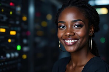 Obraz premium Close portrait of a smiling 40s Chadian female IT worker looking at the camera, against dark server room blurred background.