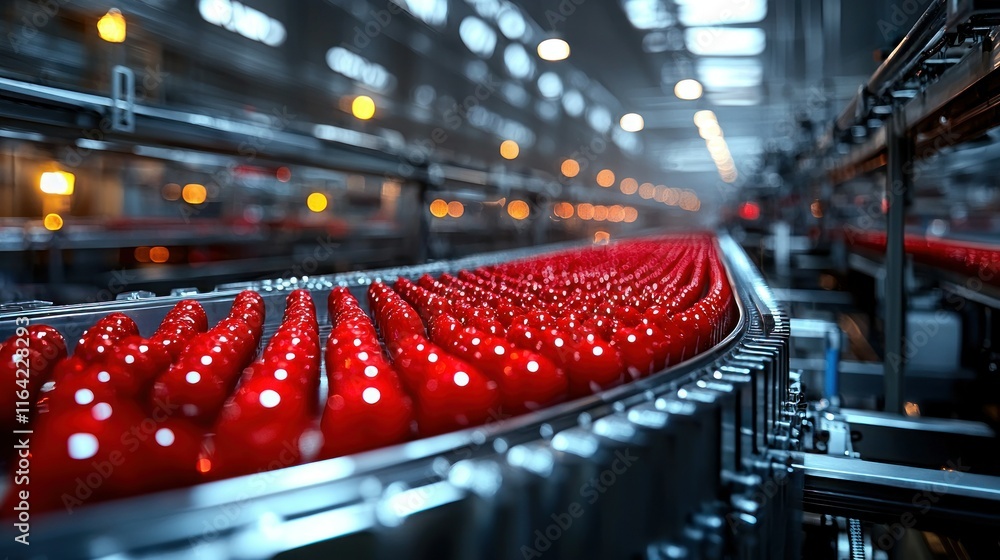 Poster red bottles on a conveyor belt in a factory setting.