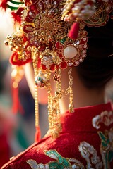 A close-up shot highlights the intricate details of a dancer's traditional costume during a Chinese New Year performance, festive decorations, cultural celebrations in China, Asian countries