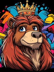 Majestic lion with a golden crown, vibrant colorful background.