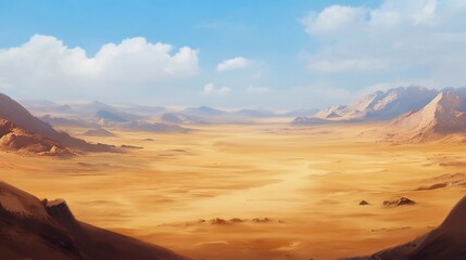 Naklejka premium Sandy desert valley with distant mountains under blue cloudy sky.