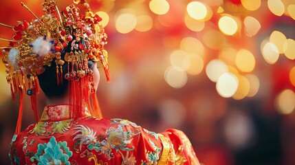 A close-up shot highlights the intricate details of a dancer's traditional costume during a Chinese New Year performance, festive decorations, cultural celebrations in China, Asian countries