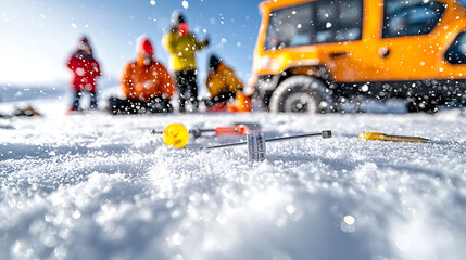 Naklejka premium Snow depth measurement in snowy field with equipment and researchers