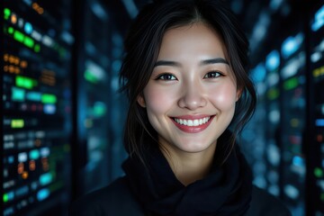 Close portrait of a smiling 40s Chinese female IT worker looking at the camera, against dark server room blurred background.