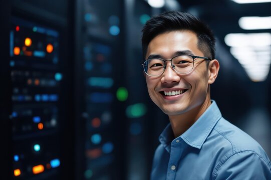 Close portrait of a smiling 40s Chinese male IT worker looking at the camera, against dark server room blurred background.