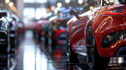 Fototapeta premium Luxury Car Showroom: Gleaming Red Sports Car in a Modern Setting