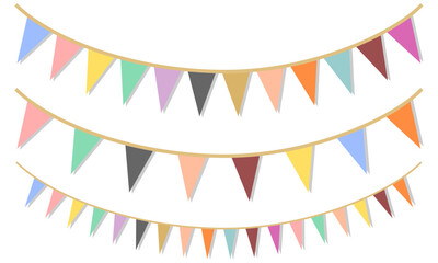 Obraz premium Triangle flag bunting decoration set vector illustration isolated on white background.