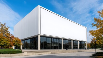 Obraz premium A modern, minimalist building with a large white facade, expansive glass windows, and surrounded by colorful trees under a blue sky.