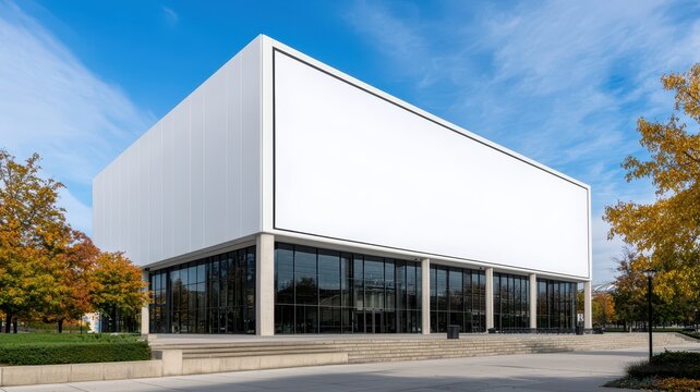 A modern, minimalist building with a large white facade, expansive glass windows, and surrounded by colorful trees under a blue sky.