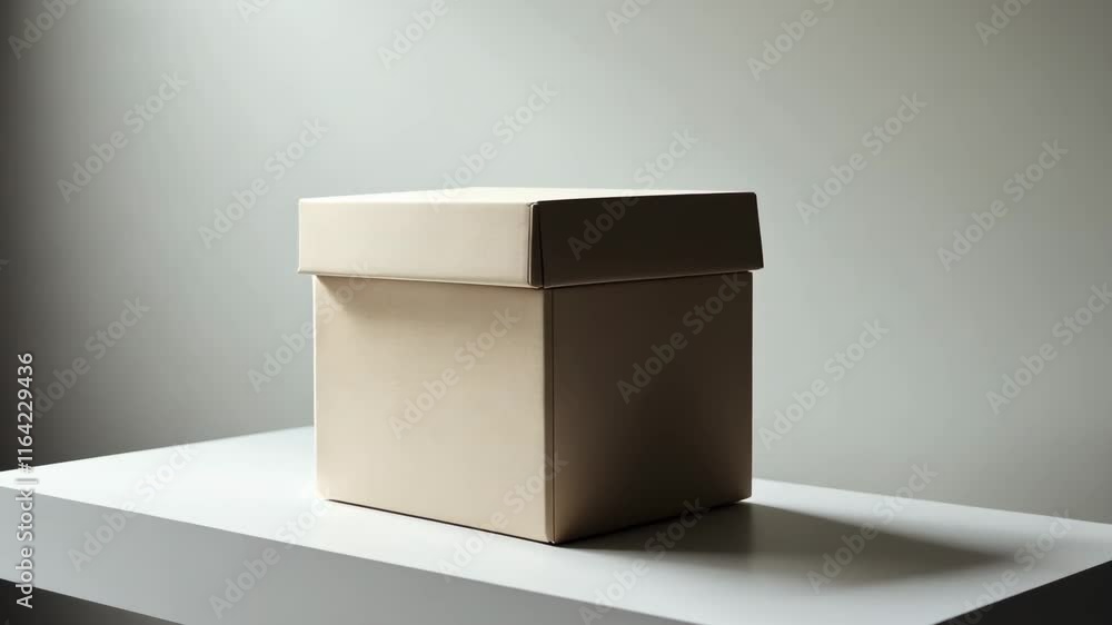 Poster simple square box placed on a minimalist shelf in soft lighting