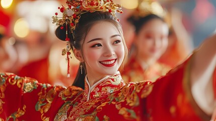 A group of cultural performers showcases a vibrant traditional dance in their beautiful outfits, surrounded by festive red and gold decorations, Chinese New Year, cultural diversity across Asia, China