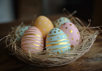 Colorful Decorative Easter Eggs in a Nest Surrounded by Natural Elements, Featuring Unique Patterns and Soft Pastel Colors for Spring Celebrations