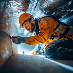 A man in an orange hard hat and safety vest working on a pipe