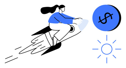 Businesswoman riding a rocket towards a dollar sign and light, symbolizing financial success and innovation. Ideal for themes of growth, entrepreneurship, ambition, investment, progress, creativity