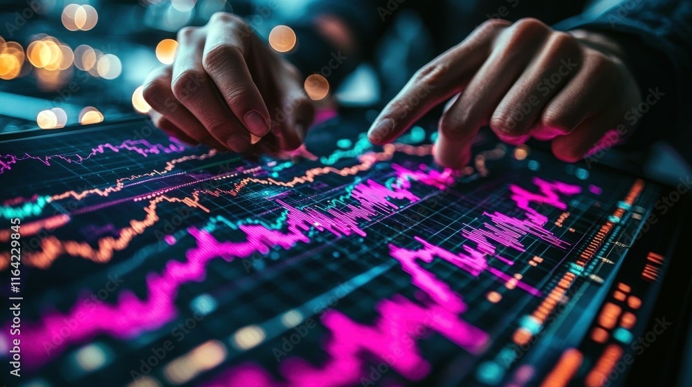 Poster Close-up of hands analyzing colorful data charts on a digital screen in a modern setting.