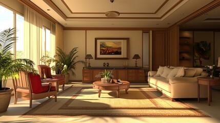 Fototapeta premium Cozy and Elegant Living Room with Natural Light and Green Plants
