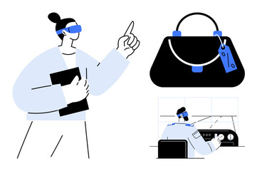 Digital businesswoman holding a notepad and pointing, control room engineer working, and handbag. Ideal for work-life balance, technology, modern business, professionalism, digital communication