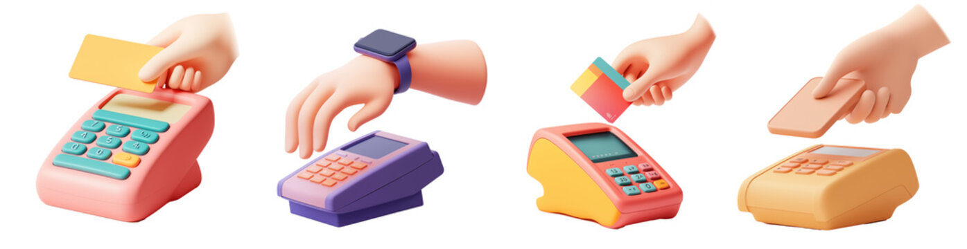 PNG set of the colorful cartoon illustrations of hand paying on pos terminal using credit cards, telephone or watch. Contactless transaction idea. Electronic banking shopping concept.