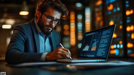 Focused businessman analyzing data on laptop at night, taking notes.