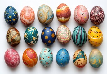 Colorful Decorative Eggs Arranged in a Pattern for Easter Celebration, Featuring Unique Patterns and Textures in a Variety of Bright Colors and Designs
