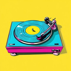 Vibrant pop art illustration of a retro turntable playing a teal vinyl record.  Perfect for music, nostalgia, and vintage design projects.