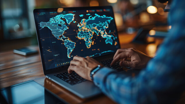 A world map on the display screen that the businessman is typing on. Worldwide international communication and connection, global market internet service.