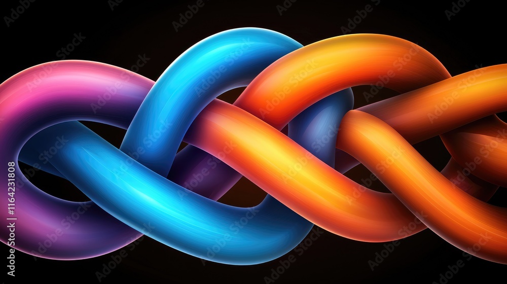 Poster dynamic colorful intertwined loops abstract art digital design dark background close-up view visual 