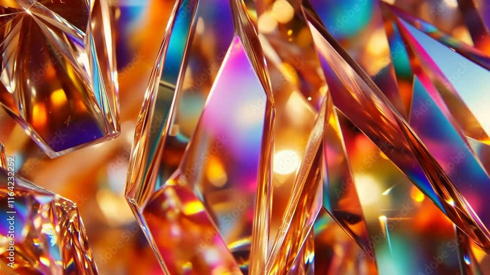 Poster brightly colored crystals shimmering under light, creating a vibrant display of reflections and patt