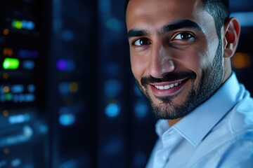 Close portrait of a smiling 40s Egyptian male IT worker looking at the camera, against dark server room blurred background.