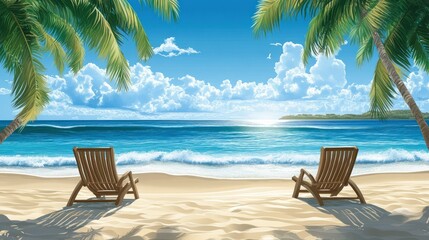 Tropical beach scene with two lounge chairs under palm trees.