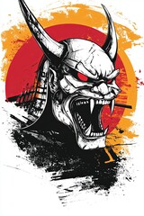 Oni mask illustration, Japanese demon, red eyes, sharp teeth, horns, samurai helmet, grunge background, sun.