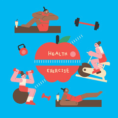 A woman on a diet. Aerobic. Cycle. Dumbbells. Health club. Simple illustration.