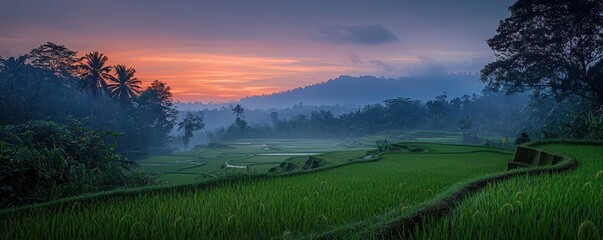 Fototapeta premium A serene landscape featuring lush green rice paddies under a colorful sunset, surrounded by misty hills and trees.