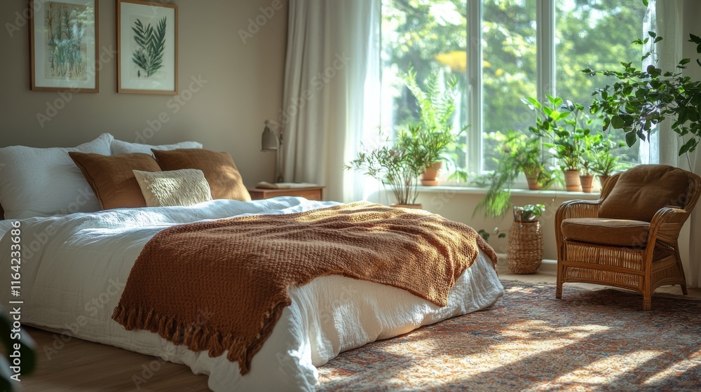 Poster this inviting bedroom features a large bed with warm blankets and several potted plants. soft sunlig