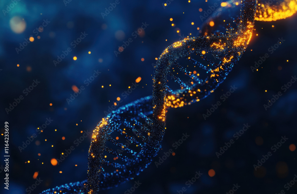 Poster a vibrant double helix dna structure glows against a dark backdrop, illuminated by particles, creati