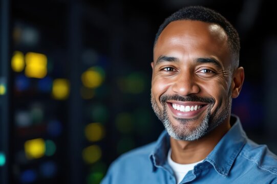 Close portrait of a smiling 40s Fijian male IT worker looking at the camera, against dark server room blurred background.