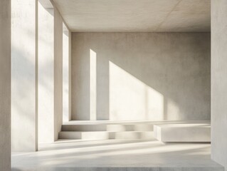 Fototapeta premium Minimalist Concrete Room With Steps And Sunlight
