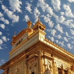 Fototapeta premium Exquisite Golden Temple Against a Brilliant Blue Sky with Clouds